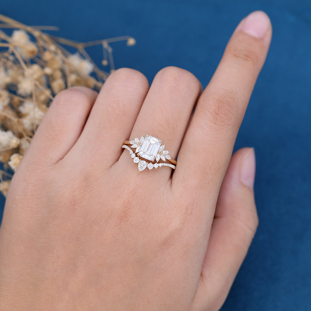 1.60 CT Emerald Shaped Moissanite Cluster Bridal Set