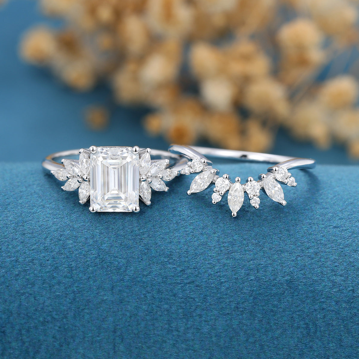 1.60 CT Emerald Shaped Moissanite Cluster Bridal Set