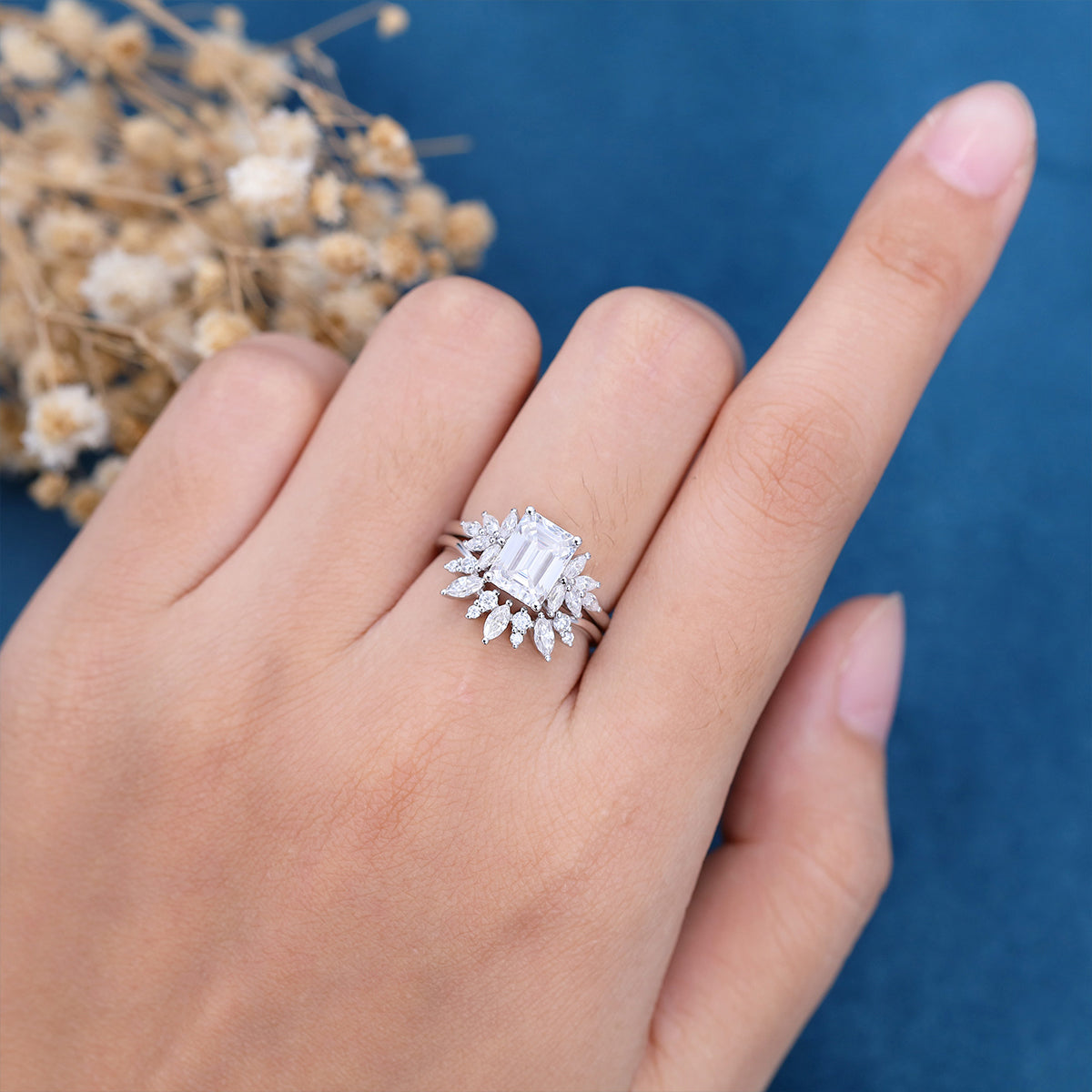 1.60 CT Emerald Shaped Moissanite Cluster Bridal Set