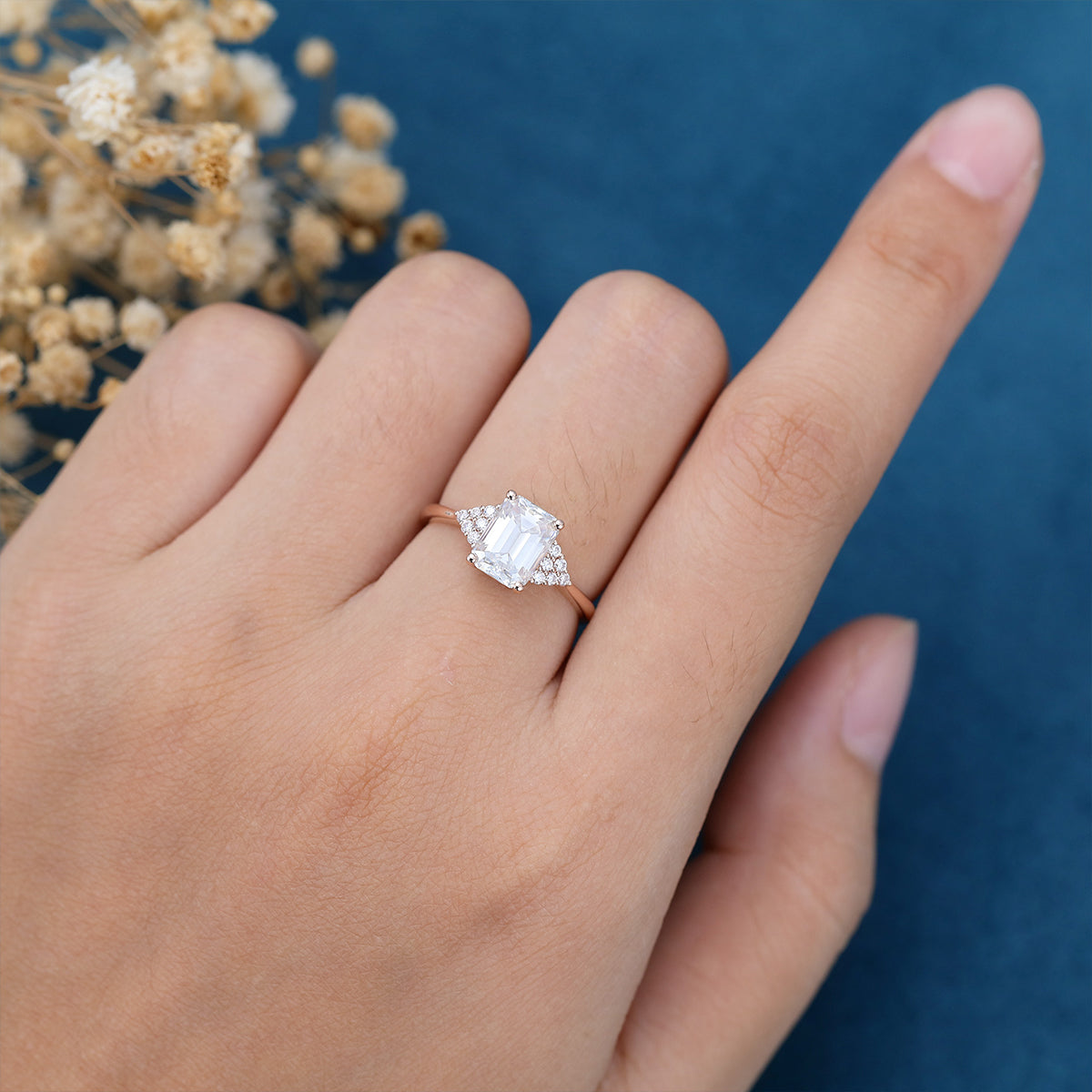 1.60 CT Emerald Shaped Moissanite Cluster Engagement Ring