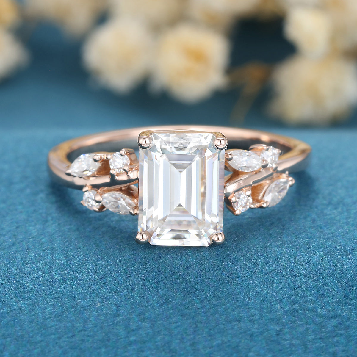 1.60 CT Emerald Shaped Moissanite Cluster Engagement Ring