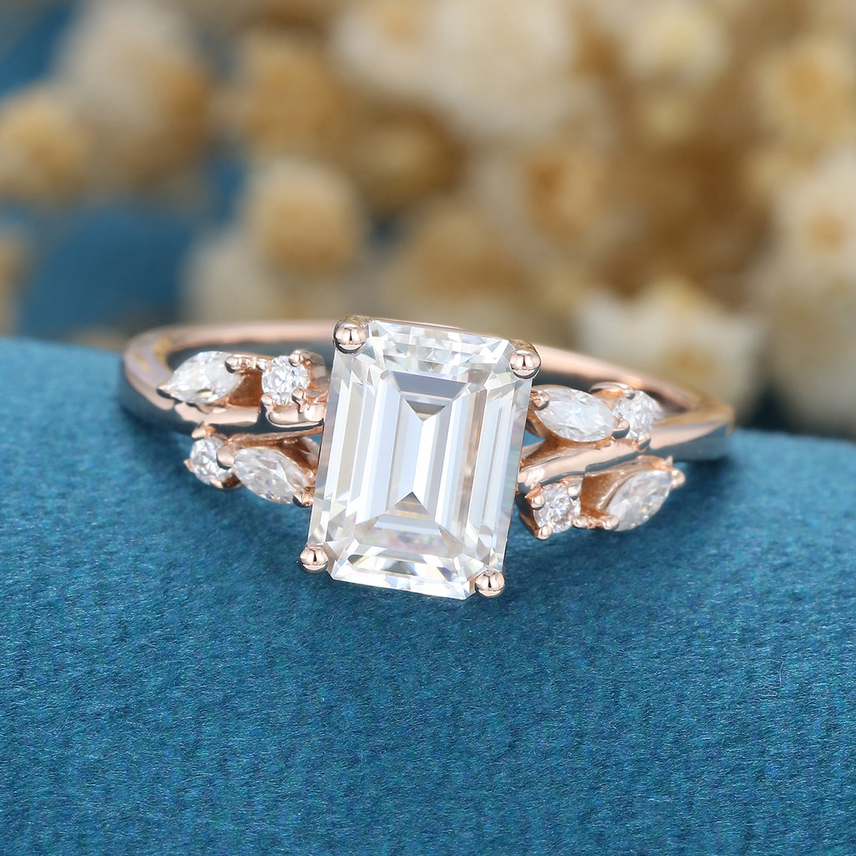 1.60 CT Emerald Shaped Moissanite Cluster Engagement Ring