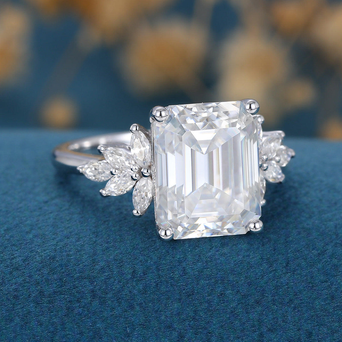 3.0 CT Emerald Shaped Moissanite Cluster Engagement Ring