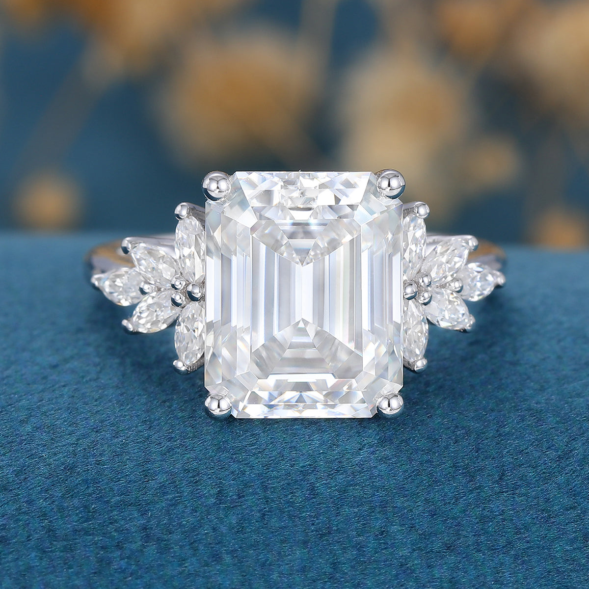 3.0 CT Emerald Shaped Moissanite Cluster Engagement Ring