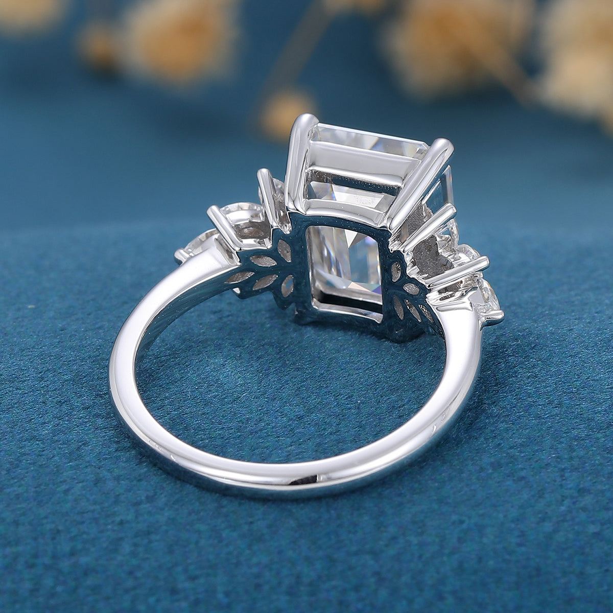 3.0 CT Emerald Shaped Moissanite Cluster Engagement Ring