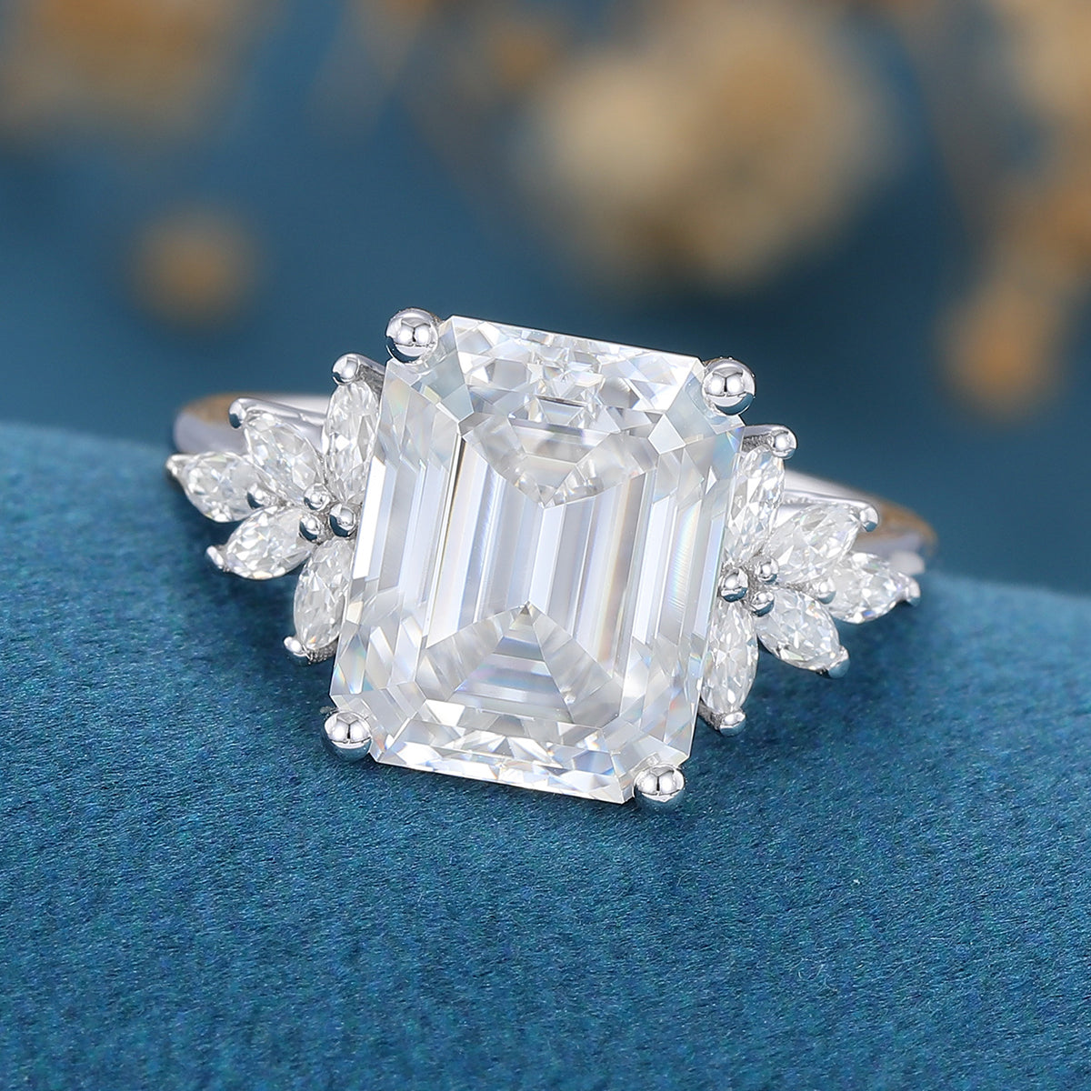 3.0 CT Emerald Shaped Moissanite Cluster Engagement Ring