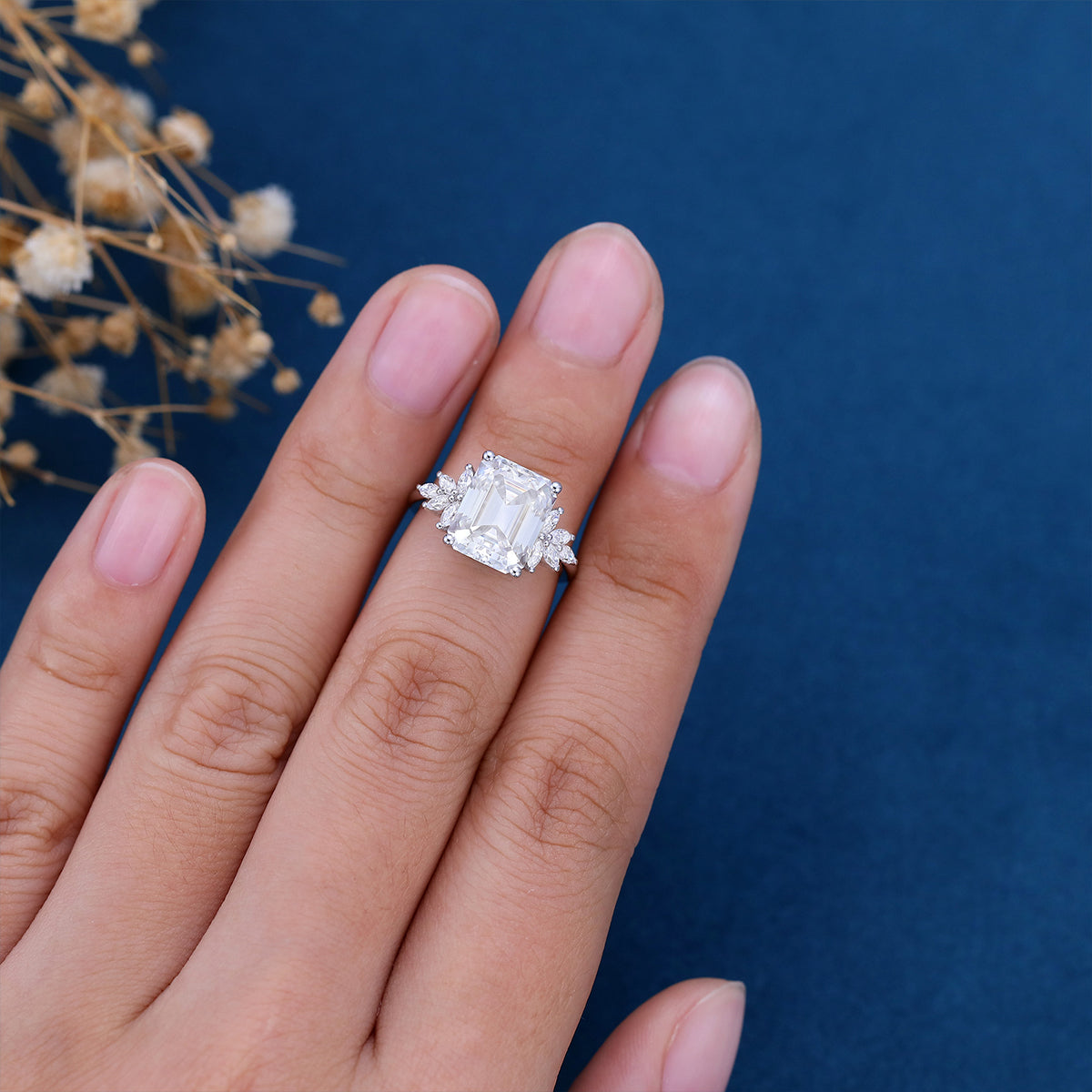 3.0 CT Emerald Shaped Moissanite Cluster Engagement Ring