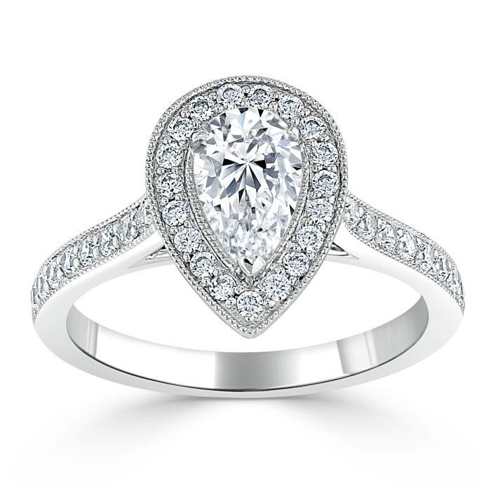 1.52 CT Pear Cut Halo Channel Pave Moissanite Engagement Ring