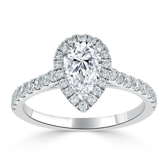 1.0 CT Pear Cut Halo Moissanite Engagement Ring With Pave Setting