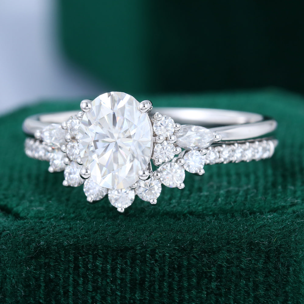 1.33 CT Oval Moissanite Cluster Bridal Ring Set
