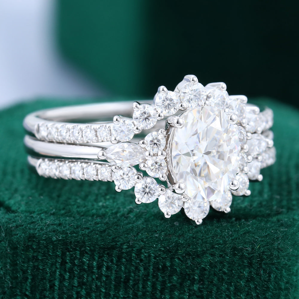 1.33 CT Oval Moissanite Cluster Bridal Ring Set