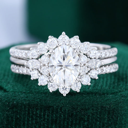 1.33 CT Oval Moissanite Cluster Bridal Ring Set
