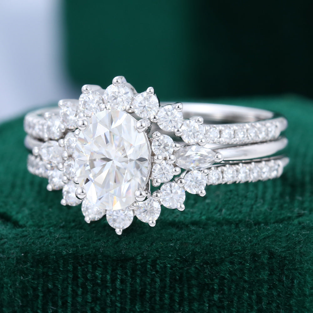 1.33 CT Oval Moissanite Cluster Bridal Ring Set