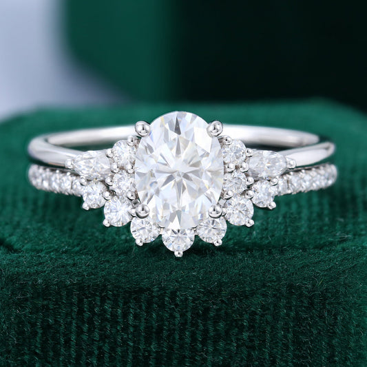 1.33 CT Oval Moissanite Cluster Bridal Ring Set