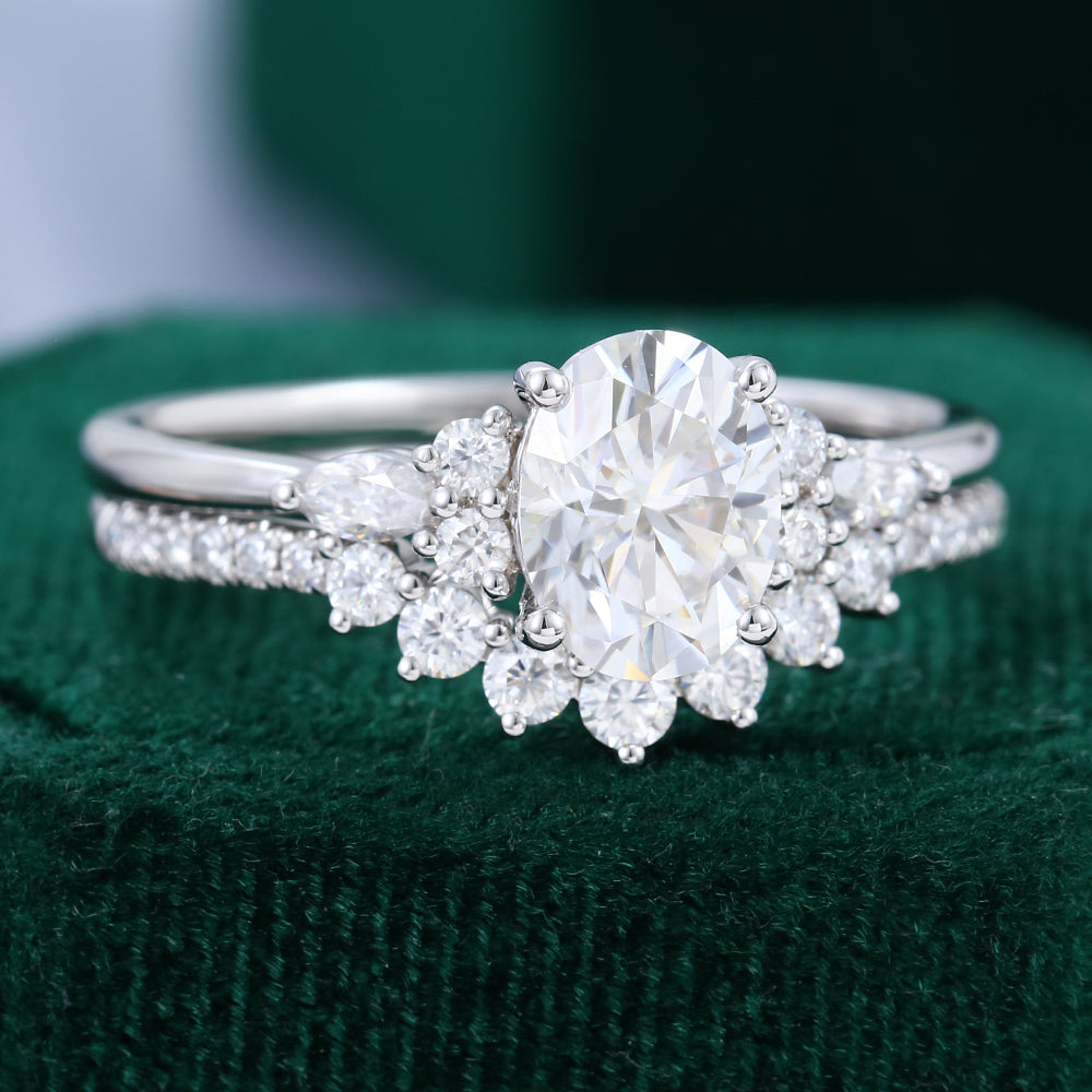 1.33 CT Oval Moissanite Cluster Bridal Ring Set