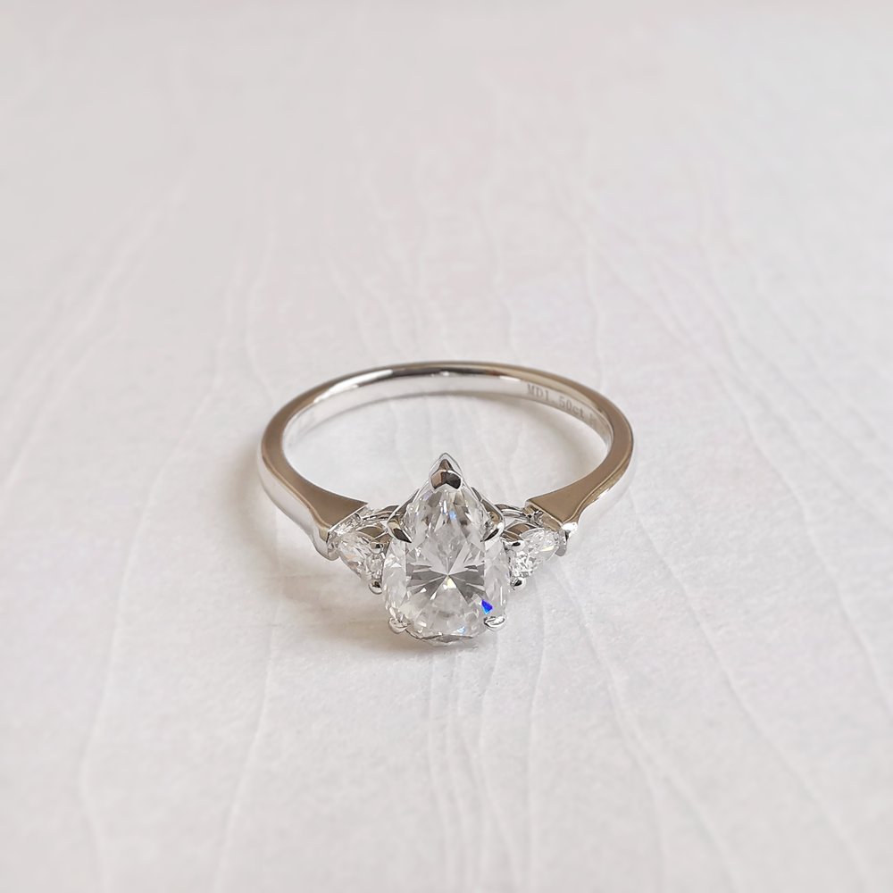 1.50 CT Pear Shaped Moissanite Three Stone Engagement Ring