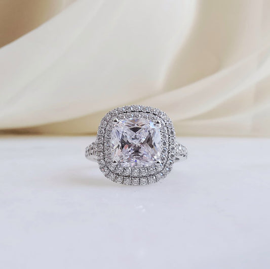 3.0 CT Cushion Shaped Moissanite Double Halo Engagement Ring