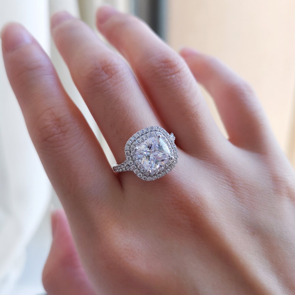 3.0 CT Cushion Shaped Moissanite Double Halo Engagement Ring