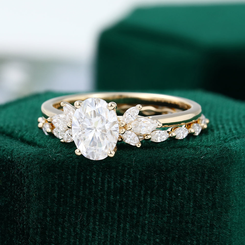 1.33 CT Oval Moissanite Cluster Bridal Ring Set