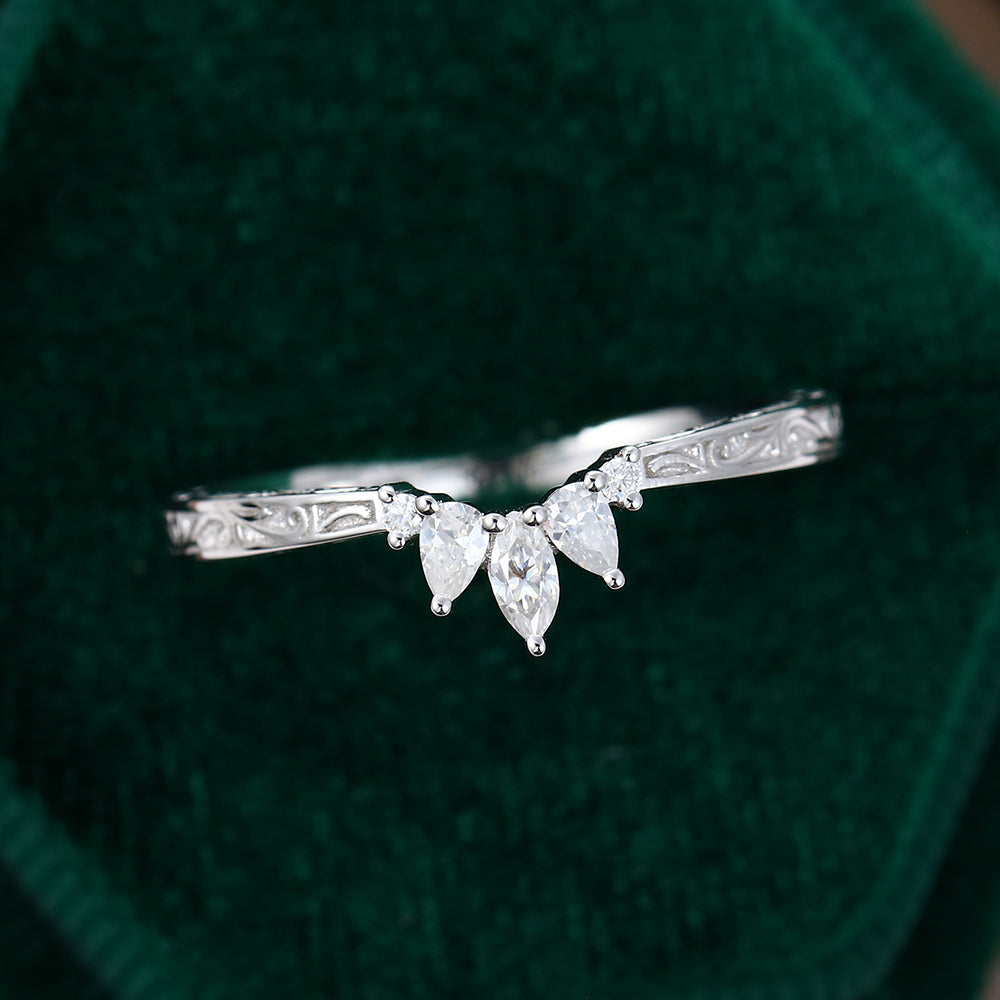 0.19 CT Round, Marquise & Pear Moissanite Curved Wedding Band