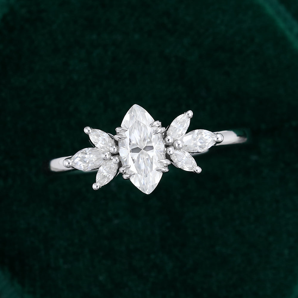 0.47 CT Marquise Shaped Moissanite Cluster Engagement Ring