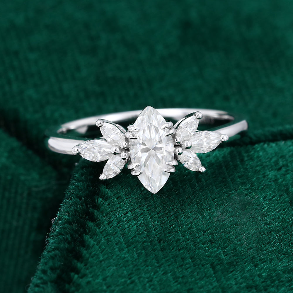 0.47 CT Marquise Shaped Moissanite Cluster Engagement Ring