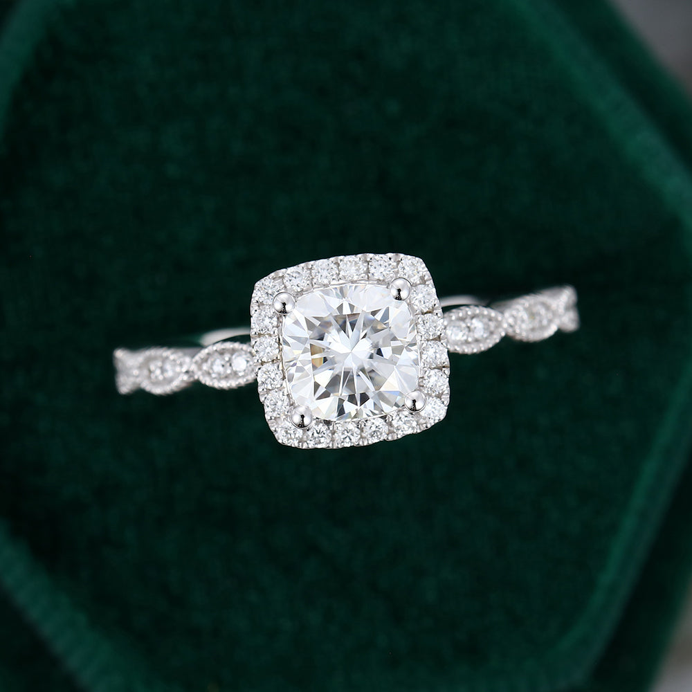 0.96 CT Cushion Shaped Moissanite Halo Engagement Ring