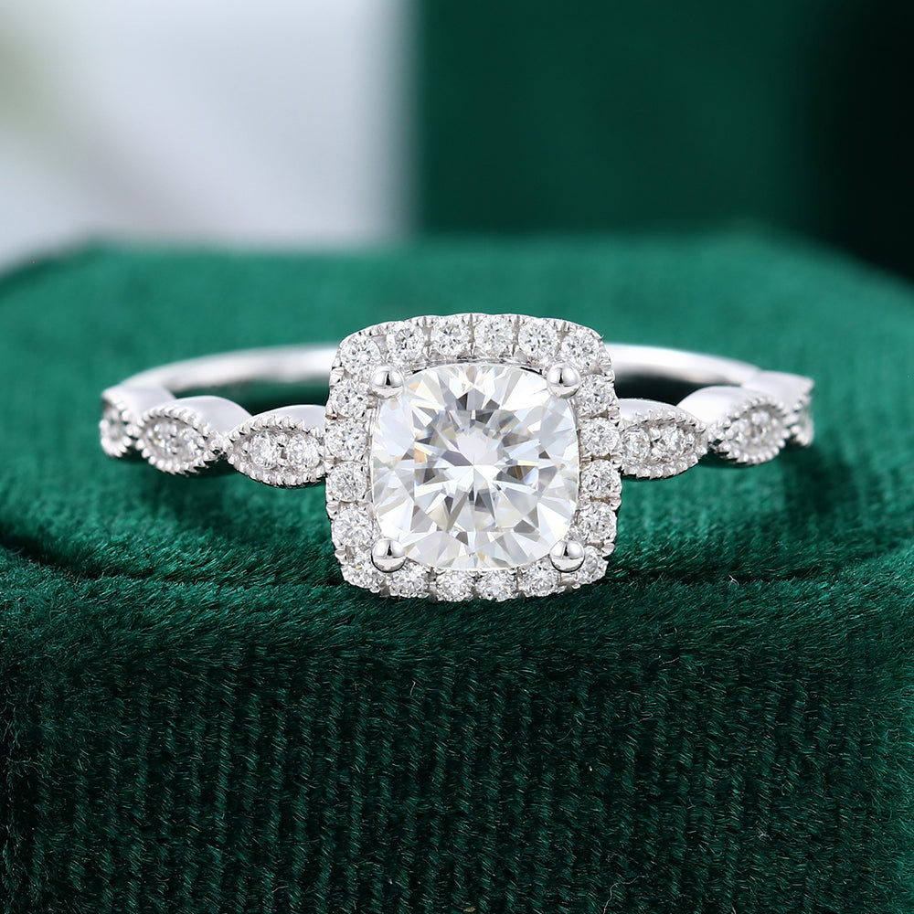 0.96 CT Cushion Shaped Moissanite Halo Engagement Ring