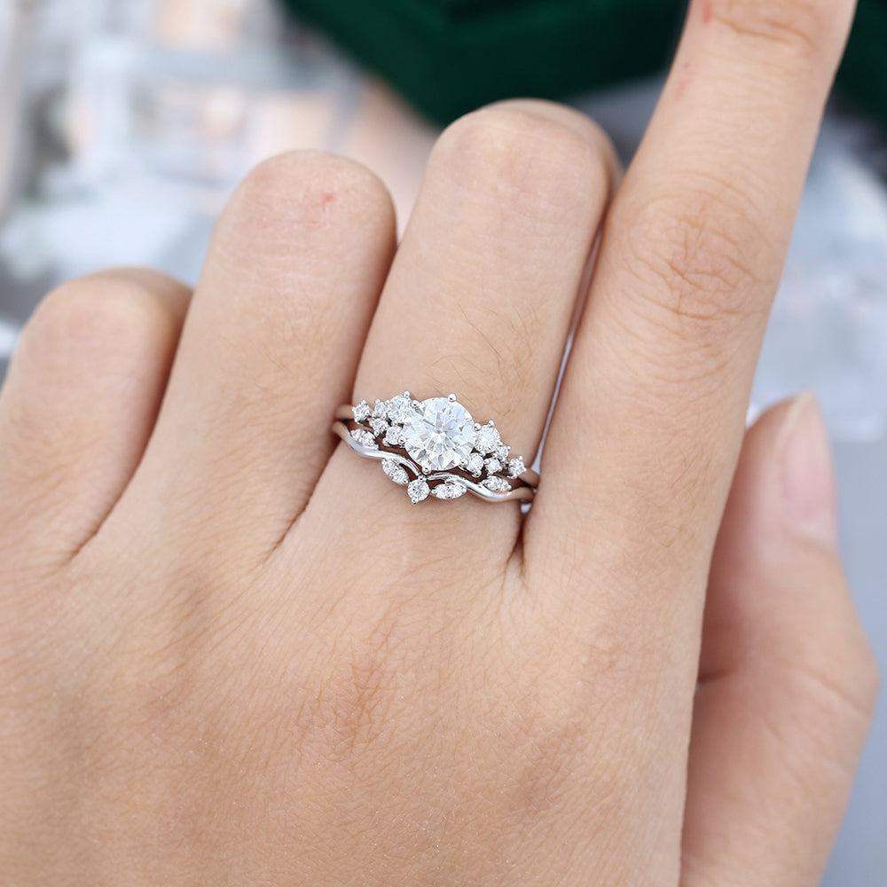 0.88 CT Round Moissanite Cluster Bridal Ring Set