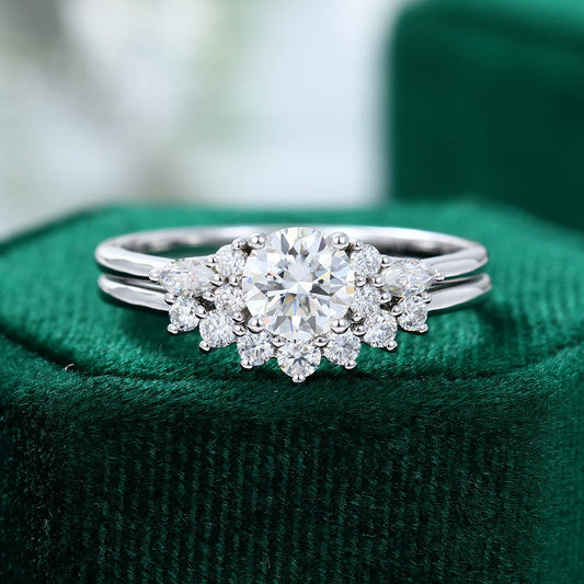 0.88 CT Round Moissanite Cluster Bridal Ring Set