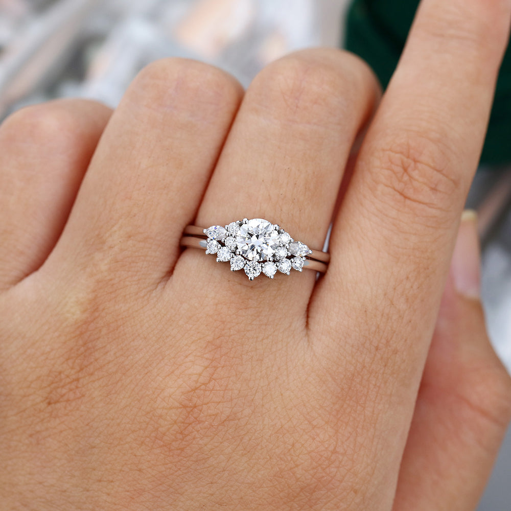 0.88 CT Round Moissanite Cluster Bridal Ring Set