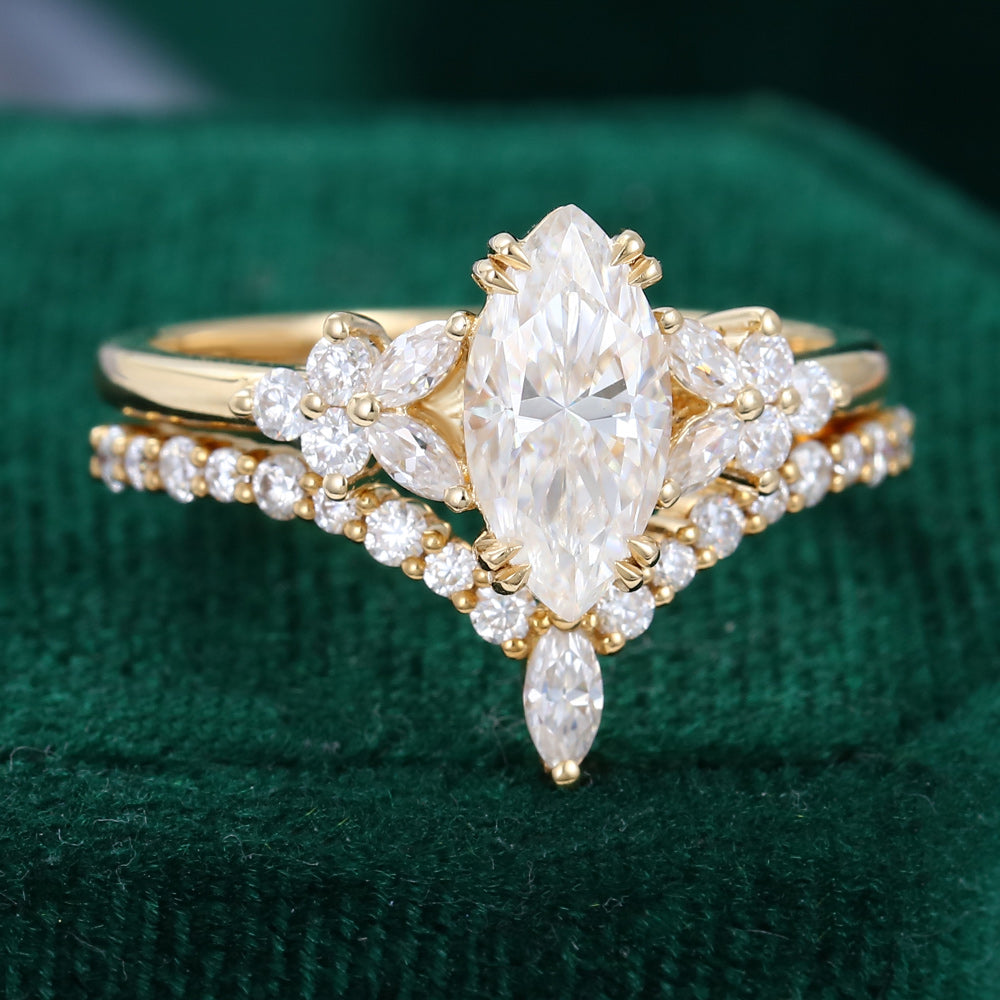 0.90 CT Marquise Moissanite Cluster Bridal Ring Set