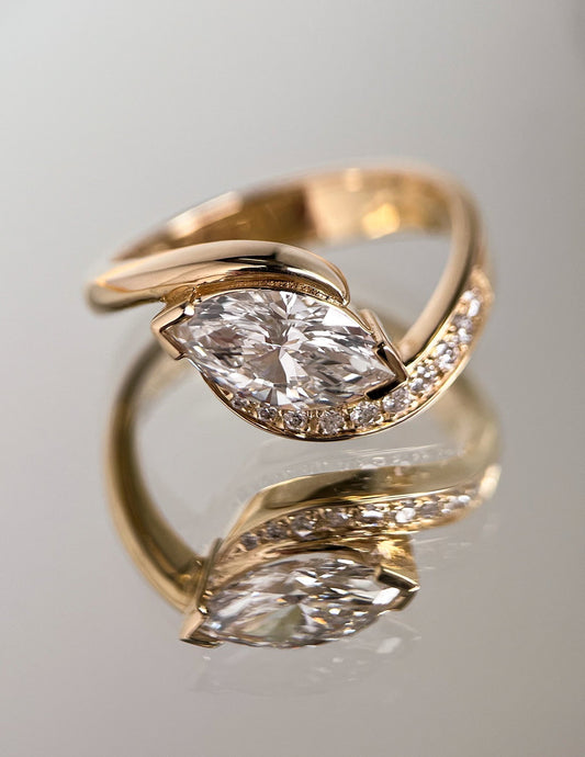 1.0 - 2.0 CT Marquise Cut Lab Grown Diamond Pavé Unique Setting Engagement Ring