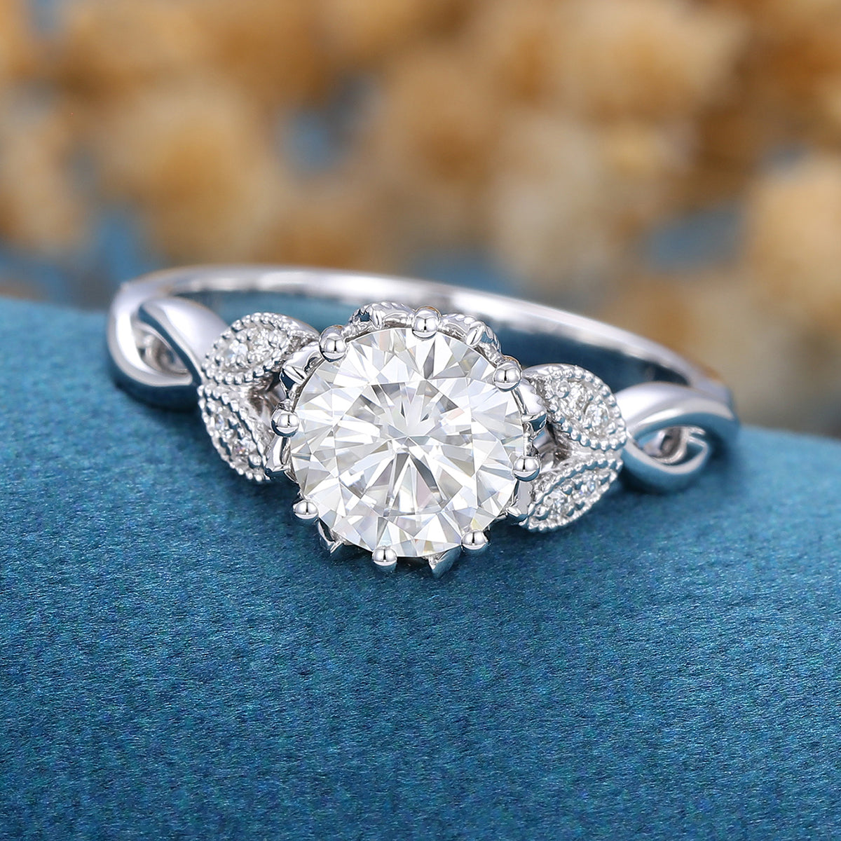 1.10 CT Round Shaped Moissanite Milgrain Art Deco Engagement Ring