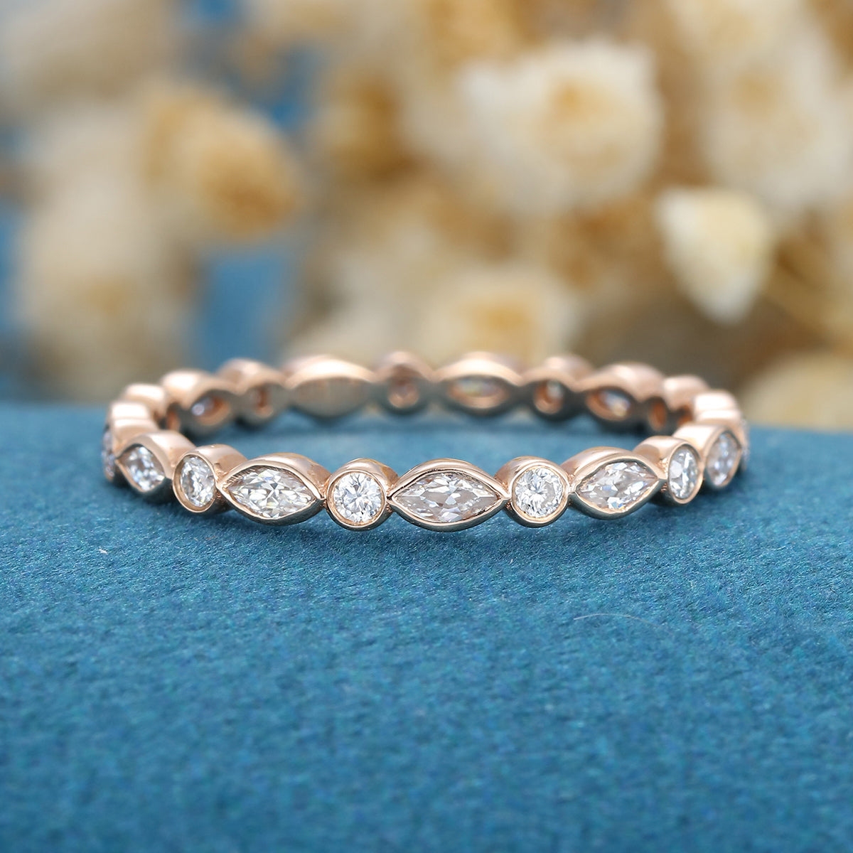 1.30 CT Round & Marquise Shaped Moissanite Bezel Wedding Band