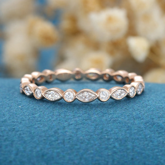 1.30 CT Round & Marquise Shaped Moissanite Bezel Wedding Band