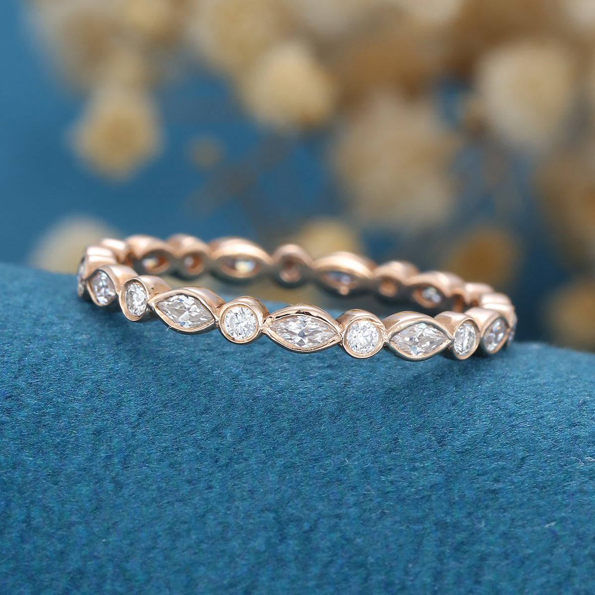 1.30 CT Round & Marquise Shaped Moissanite Bezel Wedding Band