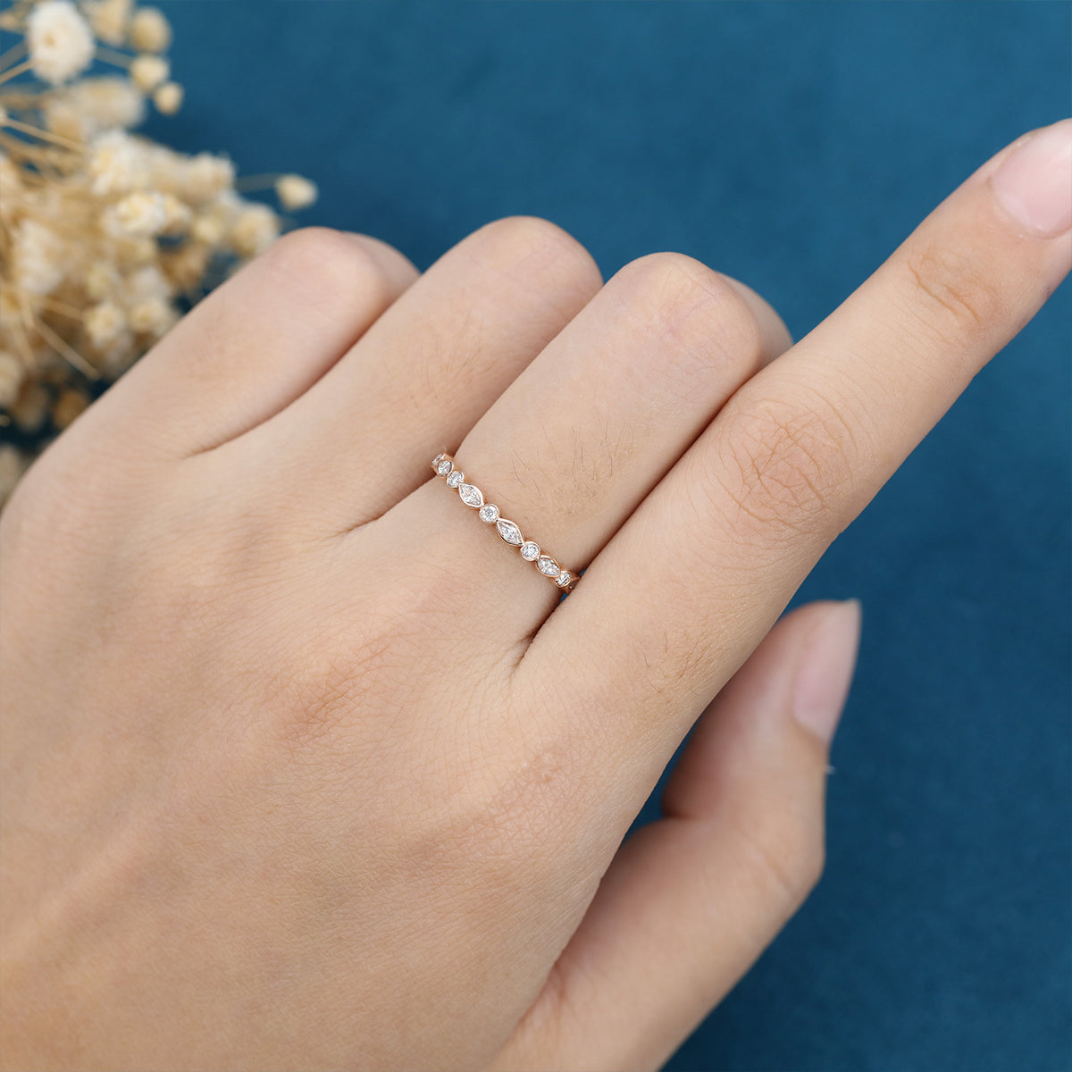 1.30 CT Round & Marquise Shaped Moissanite Bezel Wedding Band