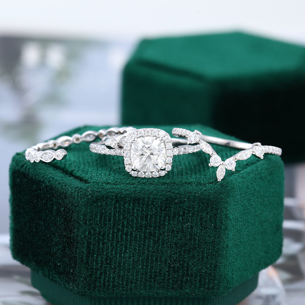 0.96 CT Cushion Moissanite Halo Bridal Ring Set