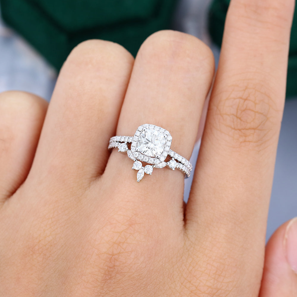 0.96 CT Cushion Moissanite Halo Bridal Ring Set