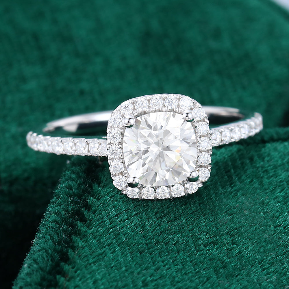 0.96 CT Cushion Shaped Moissanite Halo Engagement Ring