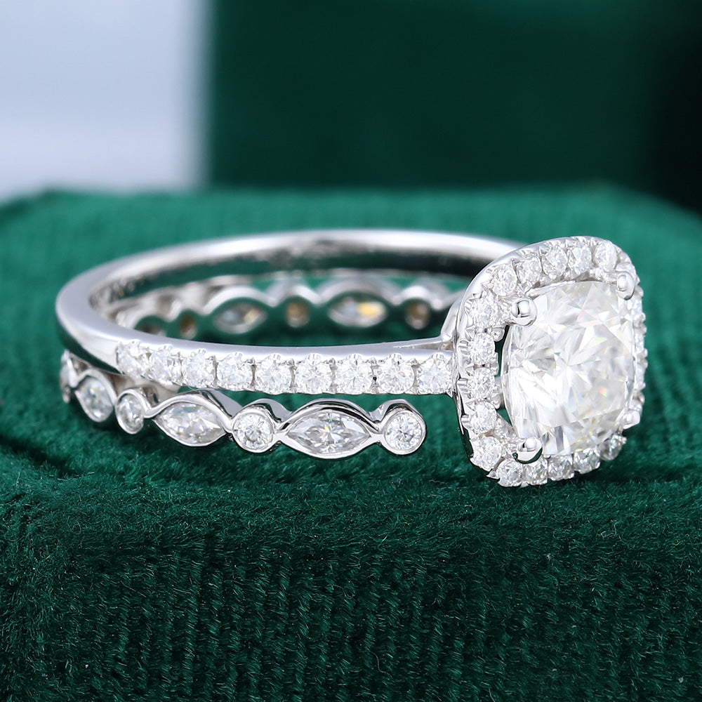 0.96 CT Cushion Moissanite Halo Bridal Ring Set