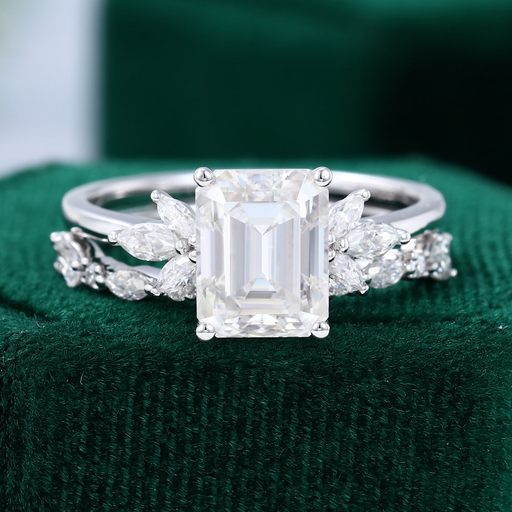 2.30 CT Emerald Moissanite Cluster Bridal Ring Set