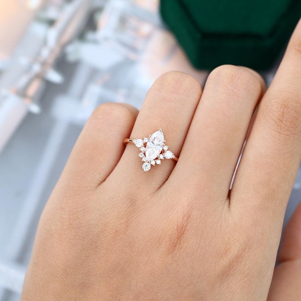 0.90 CT Marquise Shaped Moissanite Cluster Engagement Ring