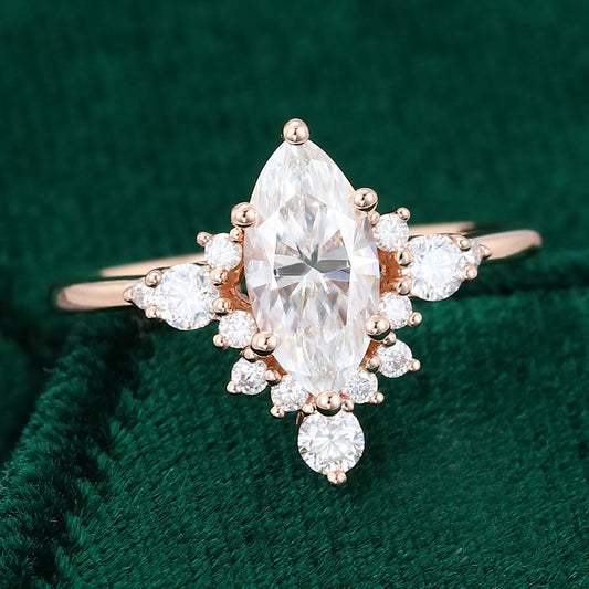 0.90 CT Marquise Shaped Moissanite Cluster Engagement Ring