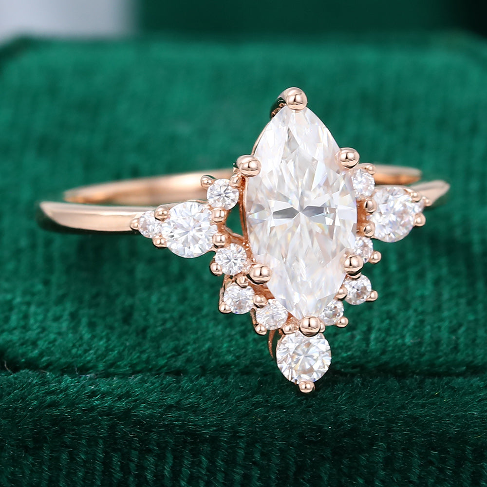 0.90 CT Marquise Shaped Moissanite Cluster Engagement Ring