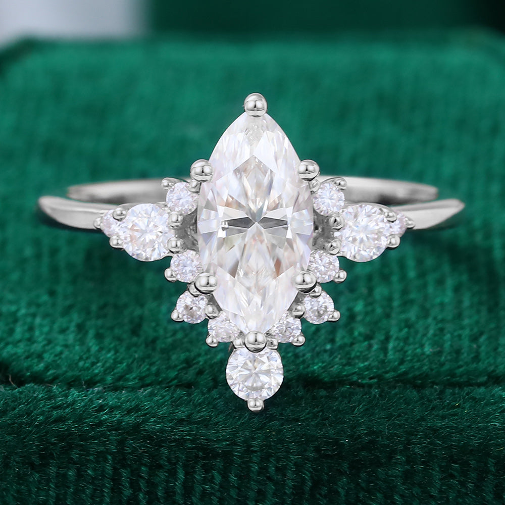 0.90 CT Marquise Shaped Moissanite Cluster Engagement Ring