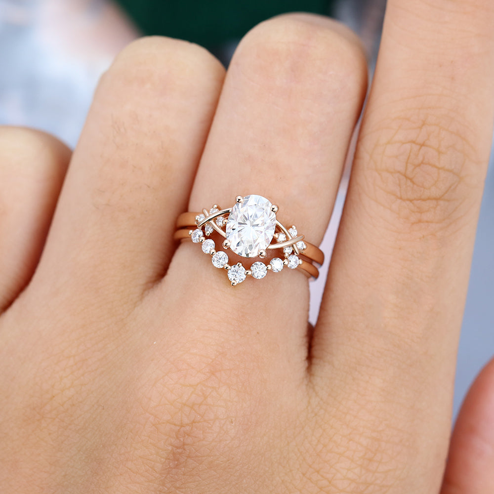 1.33 CT Oval Moissanite Art Deco Style Bridal Ring Set