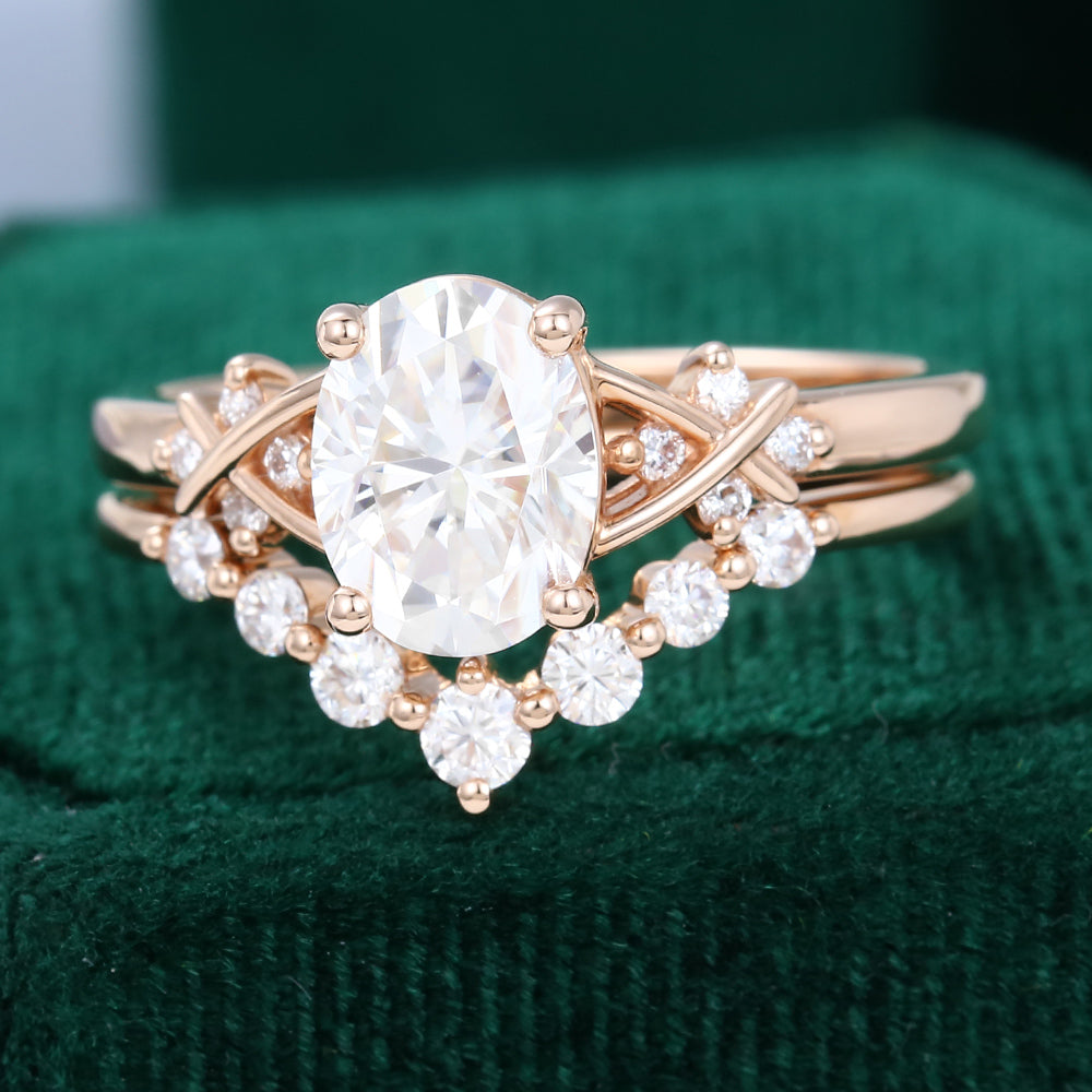 1.33 CT Oval Moissanite Art Deco Style Bridal Ring Set