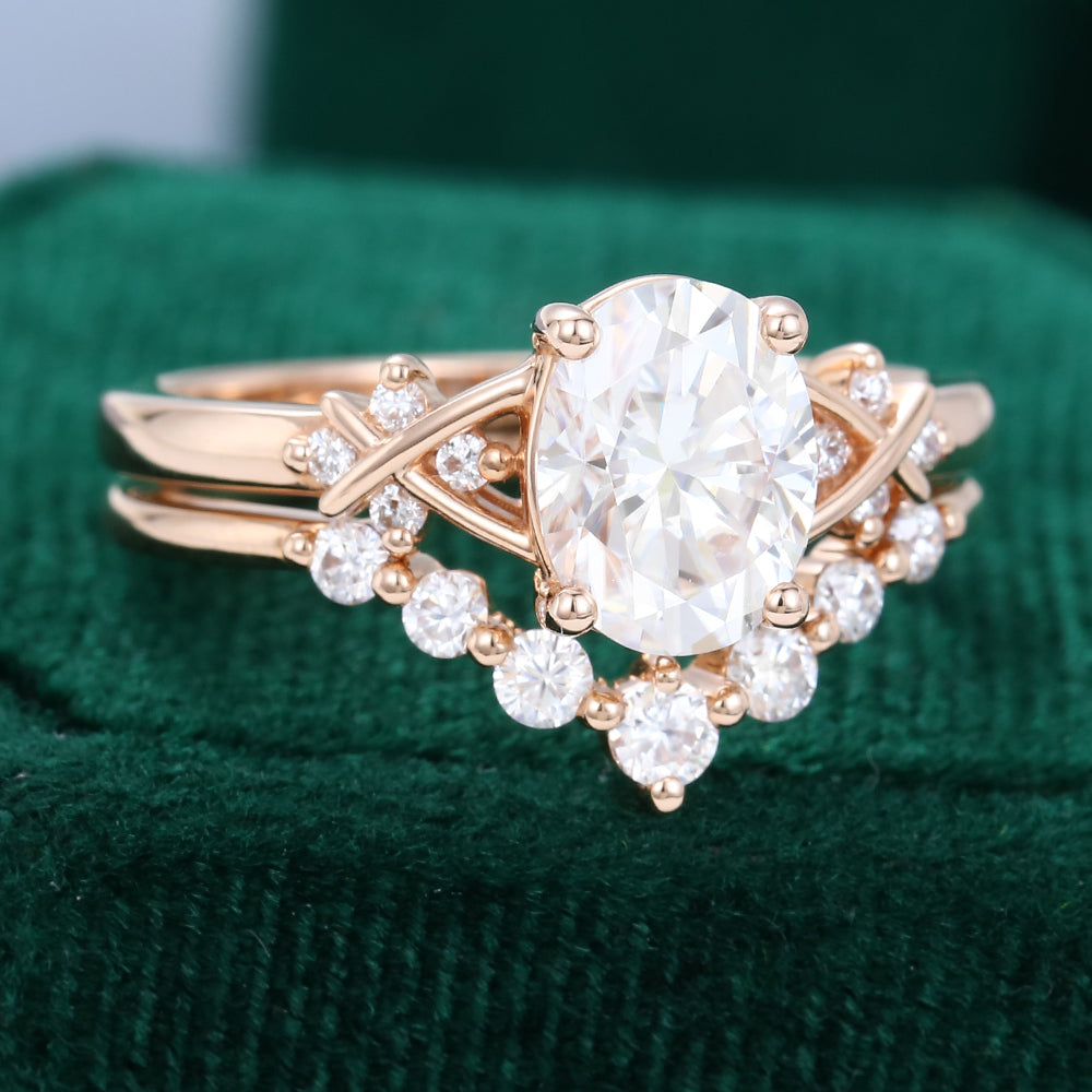 1.33 CT Oval Moissanite Art Deco Style Bridal Ring Set